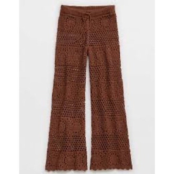 Aerie Crochet Knit Pants Brown Drawstring Waist Flare Leg Boho Festival XXL - Picture 1 of 5